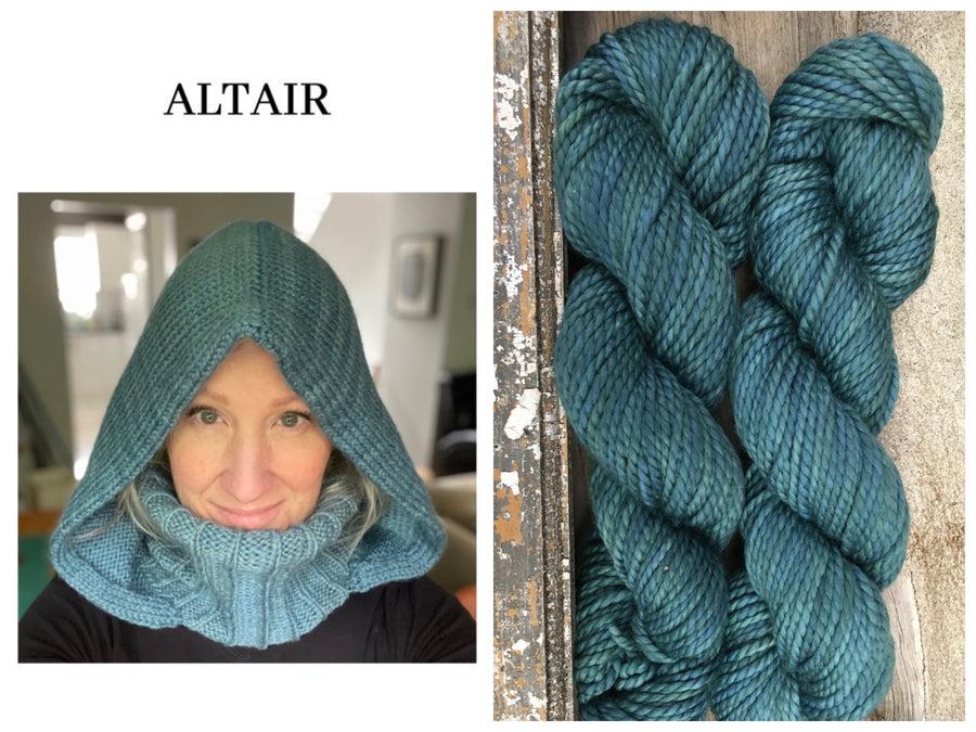A hand-knit hooded cowl from a Cabin Boy Knits kit