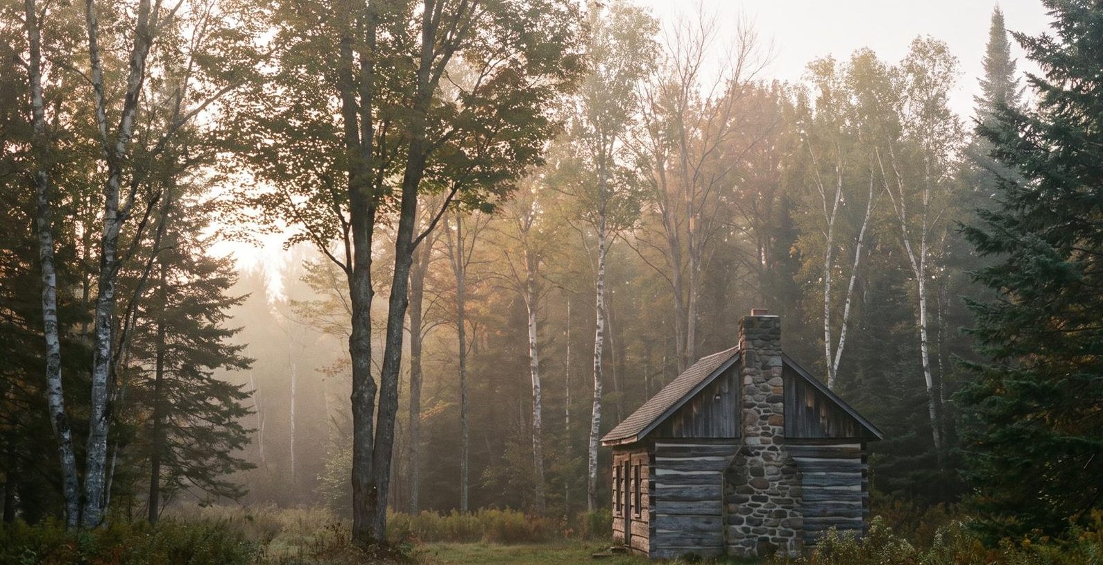 The log cabin with its stone chimney among maples, birches and white spruce at the edge of the forest, morning mist in the trees
