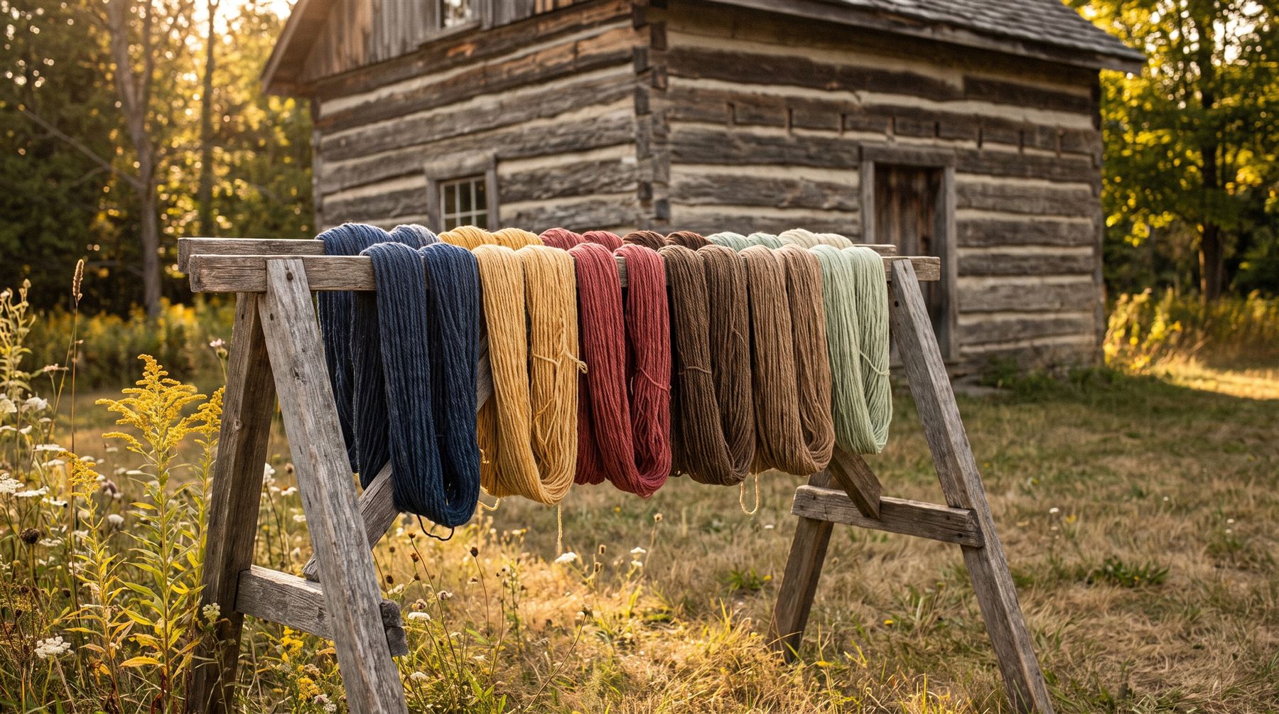 Naturally dyed skeins drying on a rack outside the log cabin